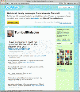 Screenshot of Malcolm Turnbull's Twitter page on 10 April 2010.