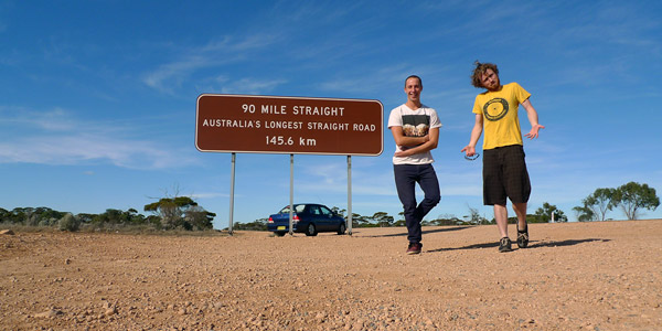 Road sign for 90 Mile Straight in the Nullabor Desert Australia