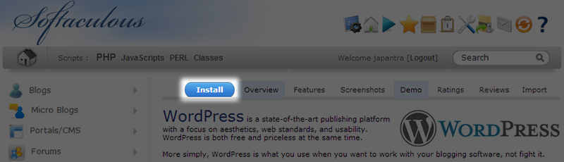 Softaculous: Install WordPress