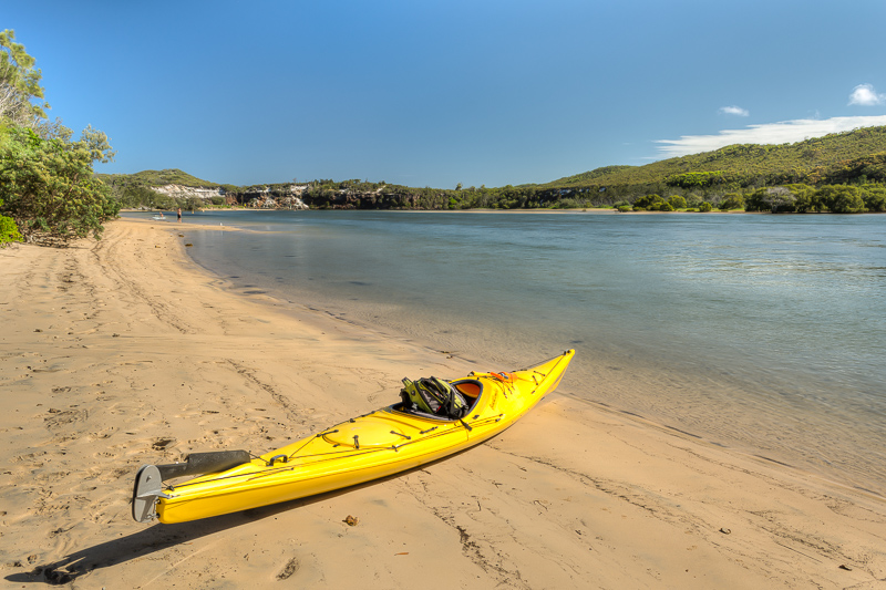 Kayak fully packed for an overnight camp, on the banks of the Wooli Wooli River (near the south boat ramp)