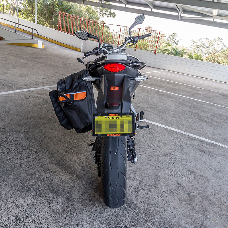 KTM Duke 390 2014, with ViaTerra Velox Saddlebags (rear view, 1 bag mounted)