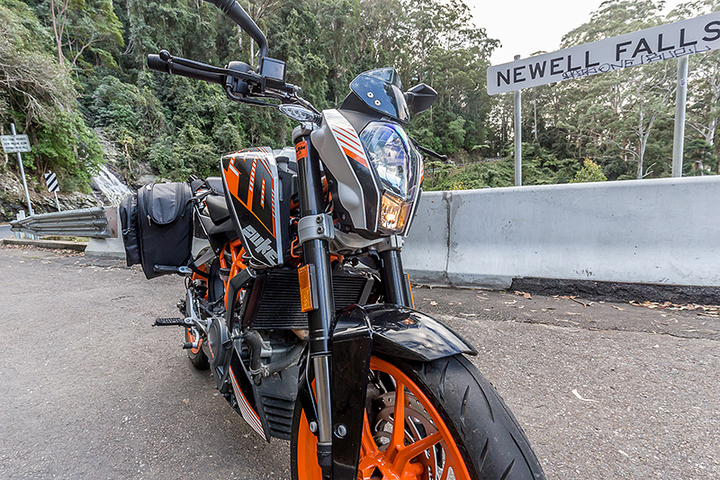 KTM Duke 390 2014, with ViaTerra Velox Saddlebags (angle view, 2 bags mounted)