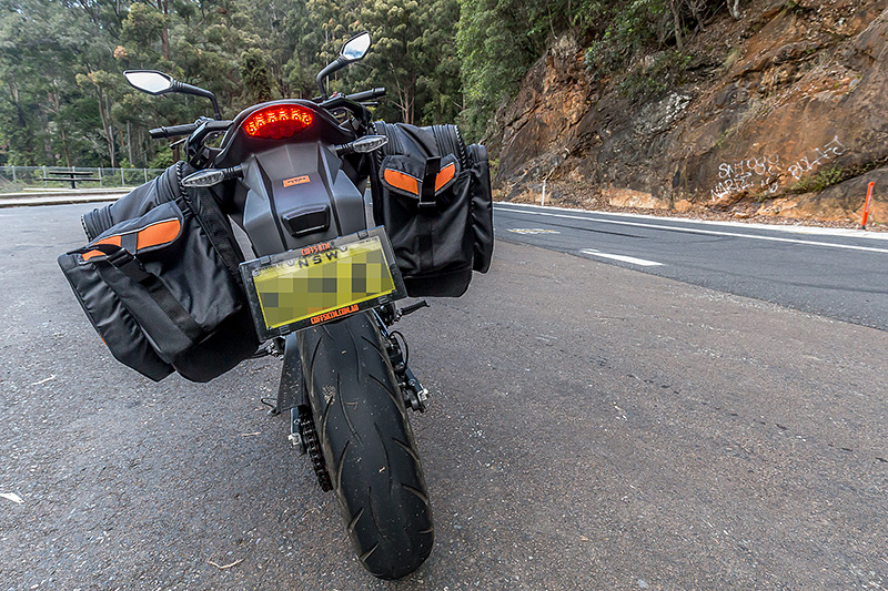 KTM Duke 390 2014, with ViaTerra Velox Saddlebags (rear view, 2 bags mounted)